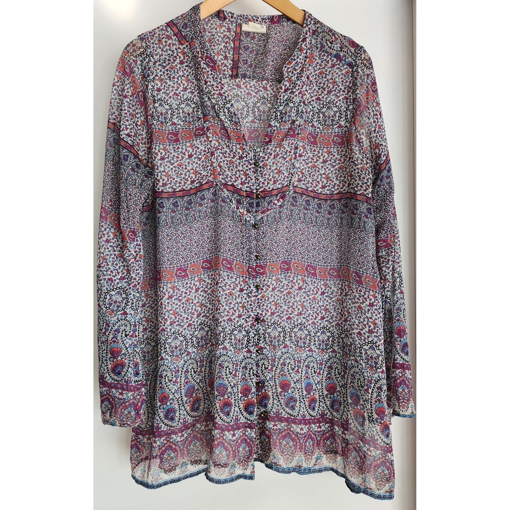 Converse One Star‎ Paisley Blouse L Multicolor Sheer Chiffon Boho Tunic Button
